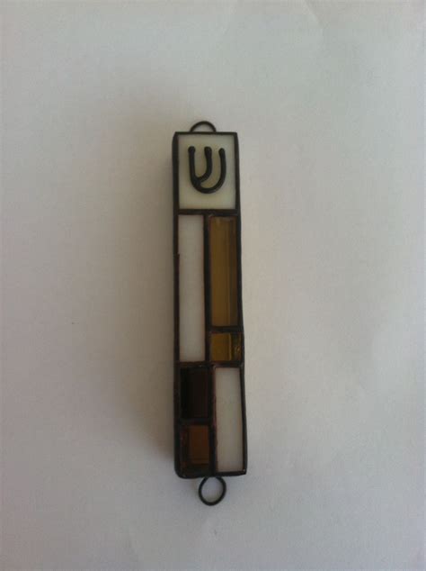 Stained Glass Mezuzah Case Brown And Tan Vertical Lines