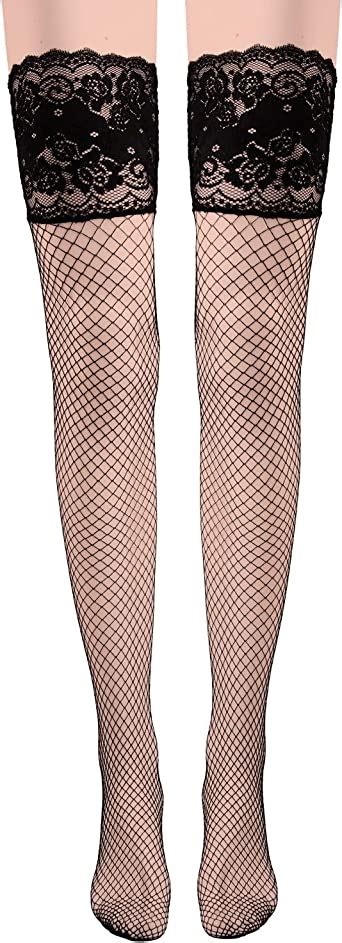 Fishnet Thigh High Stockings Floral Lace Top Hold Up Stockings With