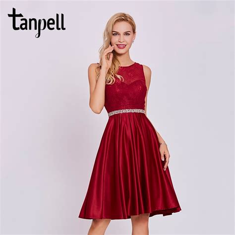 Tanpell Beaded Lace Cocktail Dress Burgundy Sleeveless Knee Length A Line Gown Women Homecoming