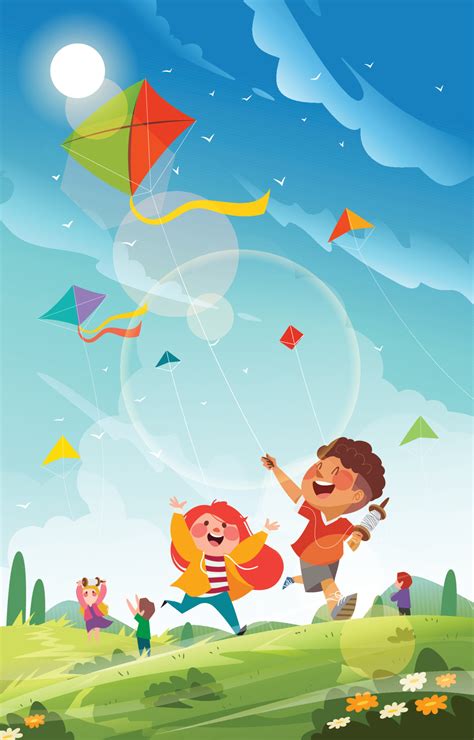 Kids Playing Kites On Green Meadow Concept 3805865 Vector Art At Vecteezy