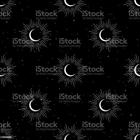 Seamless Pattern With White Half Moon Crescents And Stars On Black
