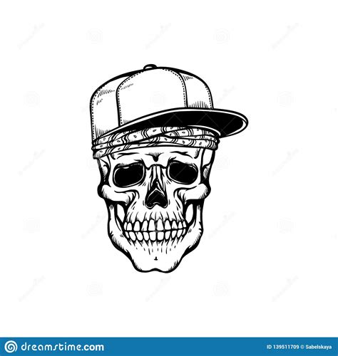 Human Skull In Hip Hop Or Rap Style Headwear Bandana And Baseball Cap
