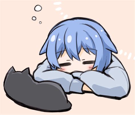 Safebooru 1girl Black Cat Blue Hair Cat Closed Eyes Commentary