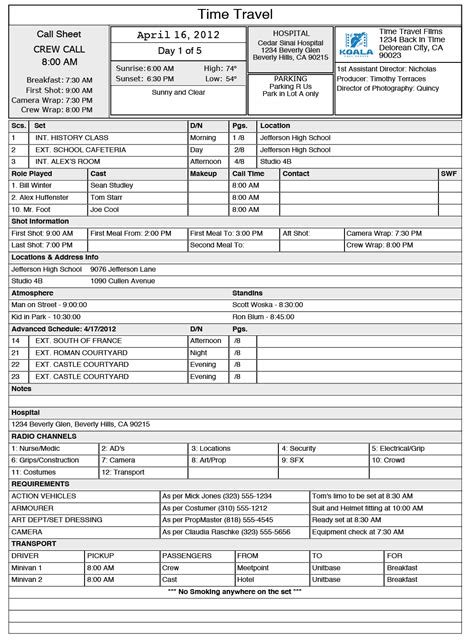 Free Call Sheet Template In Excel