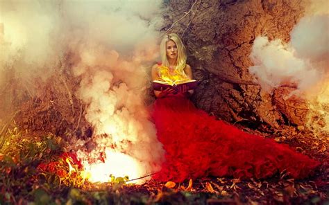 1366x768px 720p Free Download Witch Red Dress Orange Halloween Woods Book Yellow Pot