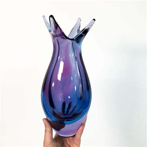 Vintage Art Glass Vase Iridescent Purple And Blue Cased Glass Vase Hand Blown Glass Bright
