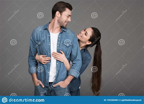 Smiling Girl Embracing Her Boyfriend Stock Photo Image Of Handsome