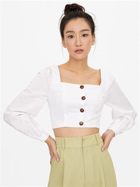 Square Neck Puffed Sleeve Crop Top White Pomelo Fashion