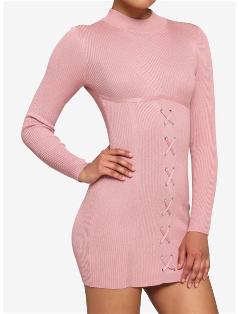 Pink Ribbed Lace Up Mini Dress Hot Topic