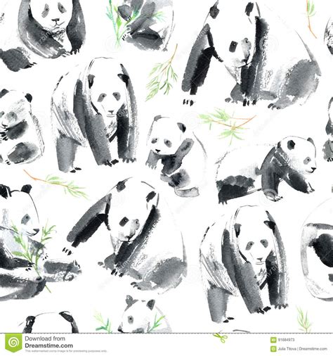 Seamless Pattern With Panda And Bamboopostcard With Animals Stock