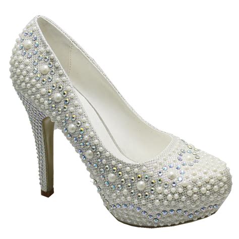 Ladies Womens High Heel Pearl Diamante Concealed Platform Evening