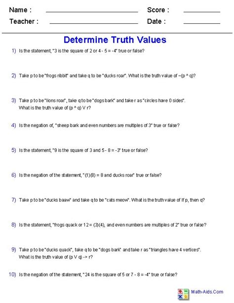 Determine Truth Values Worksheets Teacher Worksheets Logic Worksheets