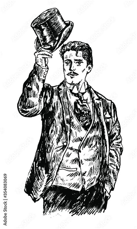 Hand Drawn Portrait Of Moustached Elegant Man Art Deco And Nouveau