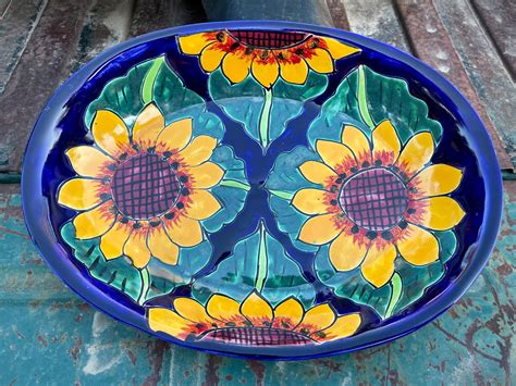 Large Mexican Talavera Pottery Oval Bowl Sunflower Design Blue Yellow