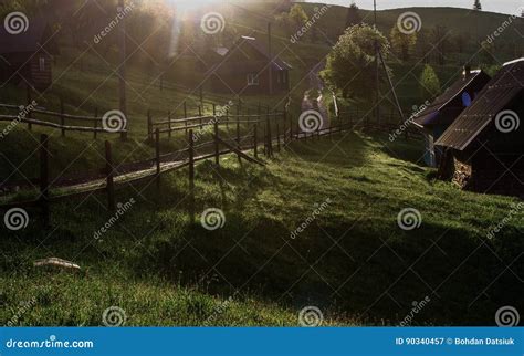 Morning Sun Rays In The Fog Mountains House Stock Image Image Of