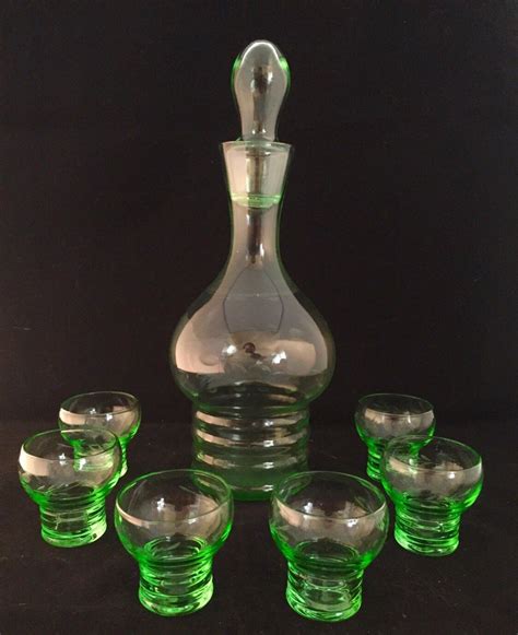 green glass decanter set vintage barware mid century etsy glass decanter set vintage green