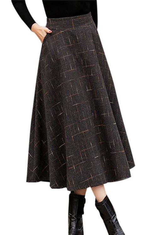Gihuo Womens High Waist A Line Flared Plaid Pleated Long Skirt Winter Fall Woollen Midi Skirt