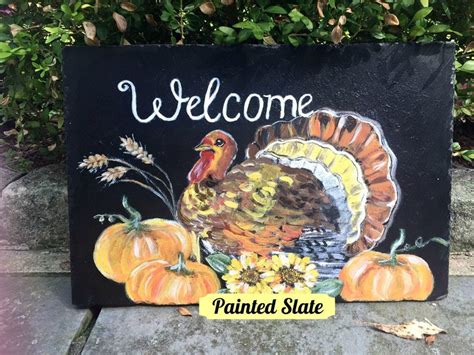 Hand Painted Thanksgiving Sign Slate Welcome Sign Etsy