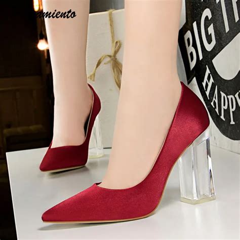 Plus Size 34 43 Women Pumps Elegant Pointed Toe Spring Autumn Office Shoes Shallow Thick High
