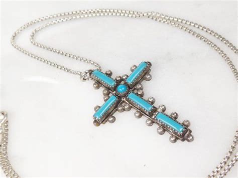 Vintage Sterling Silver Turquoise Cross Necklace Sterling Etsy