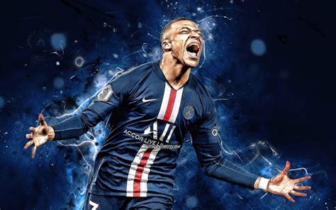 download wallpapers kylian mbappe goal 2020 psg french footballers blue neon lights kylian