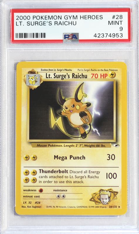 Maybe you would like to learn more about one of these? 2000 POKEMON GYM HEROES- 28- LT. SURGE'S RAICHU- PSA 9 CARD - Pokefeens