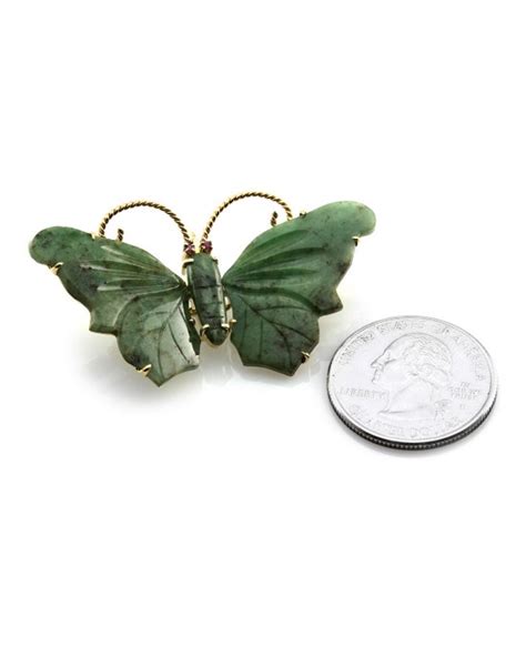 Nephrite Jade Butterfly Pin Brooch With Ruby Eyes In 14k Yellow Gold