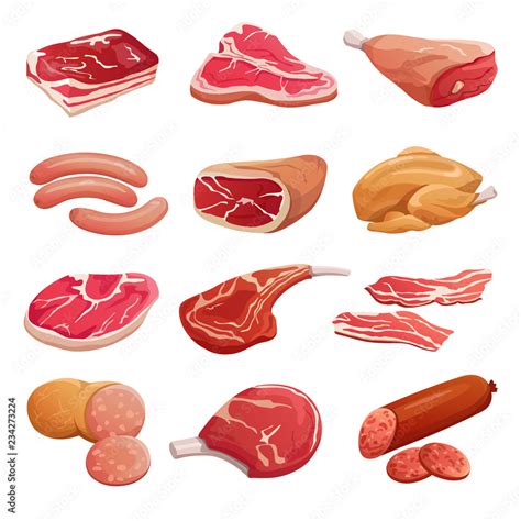 Cartoon Meat Set Pork Beef And Lamb Raw Meat Products And Sausages