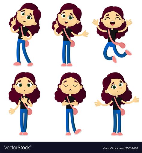 Set Emotions Cute Young Girl Cartoon Style Vector Image