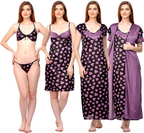 Buy Boosah Womens Black And Purple Satin Printed Long Nighty And Short Nighty And Robe And Bra And Panty