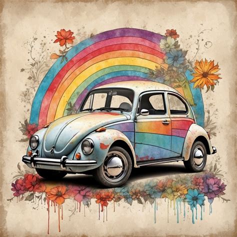 Retro Volkswagen Beetle Hippie Art Free Stock Photo Public Domain