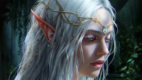 Download White Hair Pointed Ears Face Fantasy Elf Hd Wallpaper By