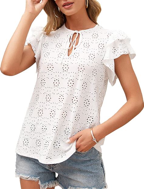 Uaneo Womens Eyelet Tie Neck Short Flutter Sleeve Peasant Blouse Top