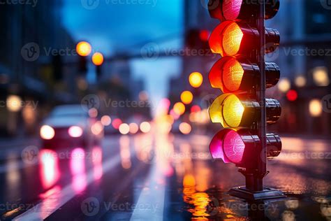 Traffic Signal Light On The Road In The City Blurred Background Ai