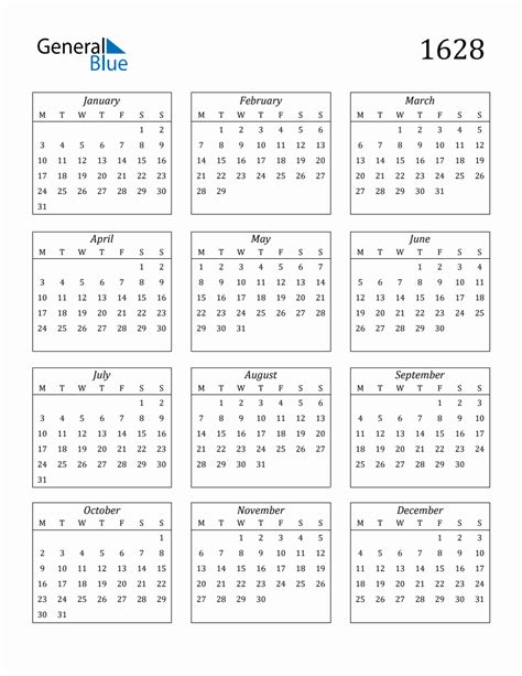 1628 Blank Yearly Calendar Printable