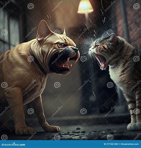 Cat And Dog Bare Their Teeth And Growl At Each Other Battle Fight Duel