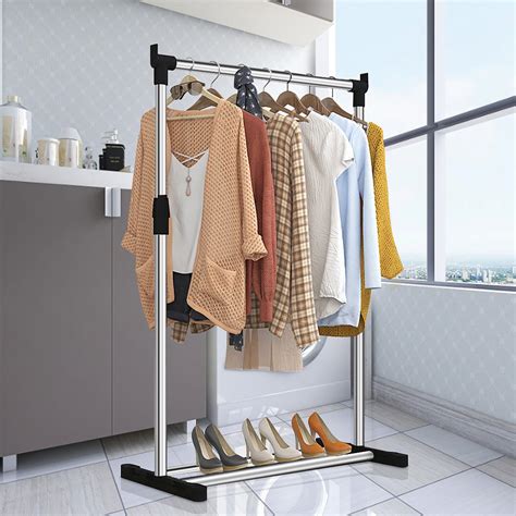 Clothes Rack Single Rail/Double Rail Adjustable Clothing Garment Rack Shoes Rack Clothes Drying ...