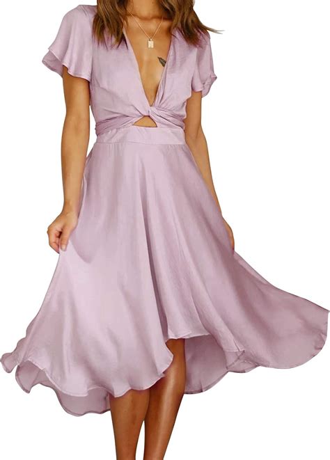 Exlura Womens Summer Dresses Tie Front V Neck Waisted Short Ruffle Sleeve Flowy Midi Dress Pink