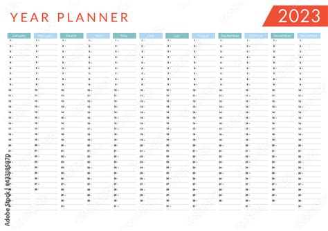 2023 Yearly Wall Planner Calendar Vector Design Template Horizontal