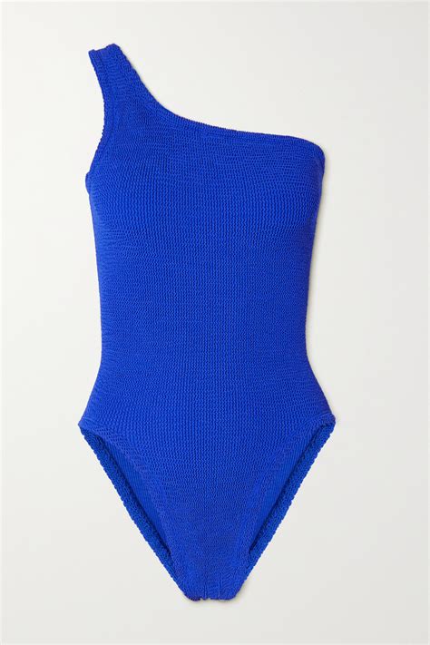 Hunza G Net Sustain Nancy One Shoulder Seersucker Swimsuit In Blue