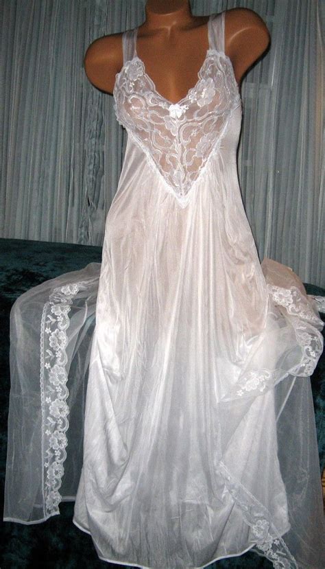 Bridal White Long Nightgown And Robe Set S Chiffon Peignoir Nylon Lace