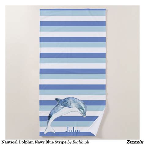 Nautical Dolphin Navy Blue Stripe Beach Towel Striped