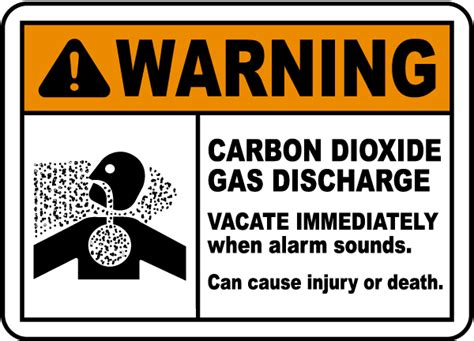 Carbon dioxide gas vacate immediately when alarm operates can cause injury or death ansi format warning sign makes your carbon dioxide safety message clear colors conform to ansi z535.1 standards for safety color code Warning Carbon Dioxide Gas Sign A5302 - by SafetySign.com
