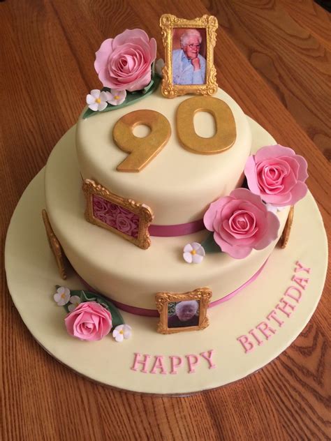 90th Birthday Cake With Gold Photo Frames And Pink Roses 90th Birthday