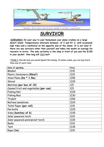 Desert Island Survival Can You Survive With £100 Teaching Resources Island Survival