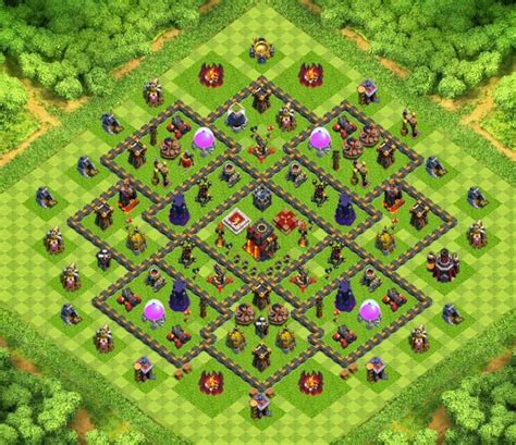 Anti miner & bowler war base design town hall 10 link. War/Trophy Base Town Hall 10 Designs with Air Sweeper ...
