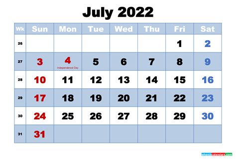July 2022 Calendar With Holidays Printable