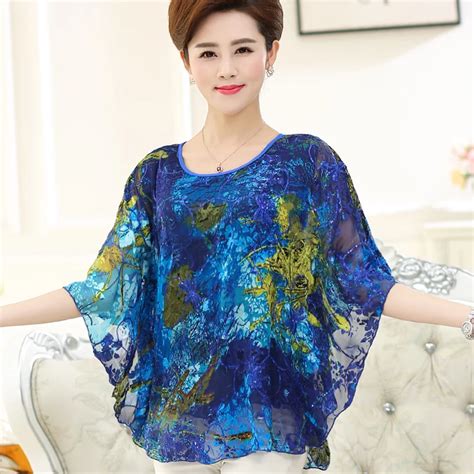 New Summer And Spring Womens Plus Size Silk Blouses Elegant Batwing Sleeve Ladies Loose Chiffon