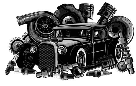 Vintage Car Parts Collection In Monochrome Vector Illustration Vector