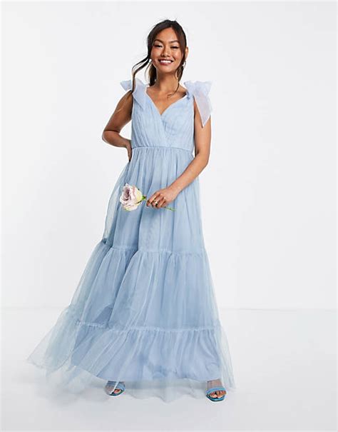 Asos Design Tulle Bow Tie Tiered Maxi Dress In Blue Asos